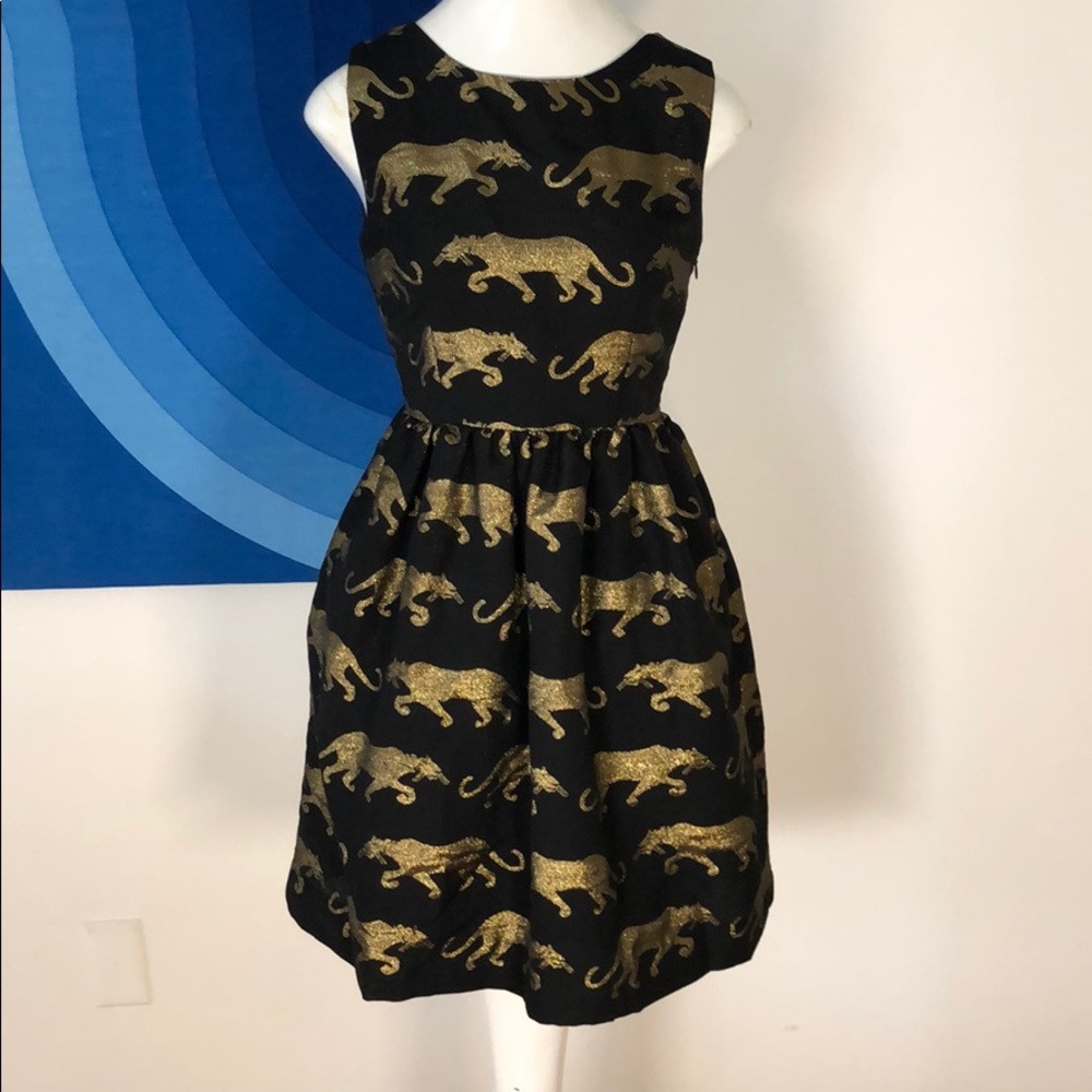 Gold and black a line cat dress with pockets